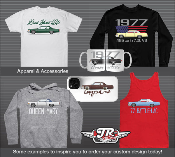 Custom 1977 1978 1979 77 78 79 Cadillac DeVille De Ville Seville Coupe Convertible Sedan Hardtop Fleetwood Eldorado Brougham 4 door Limousine art for T-Shirt Hoodie Sticker Mug Long Sleeve Crewneck Sweatshirt Print