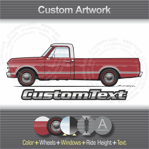 Custom 1967 1968 67 68 Chevrolet Chevy Fleetside Cheyenne C10 C-10 K Pickup Truck 4x4 long bed art for T-Shirt Hoodie Sticker Mug Long Sleeve Sweatshirt Crewneck tank Top Print Phone Case Pillow