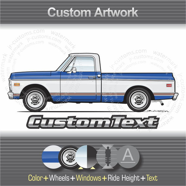 Custom 1969 1970 1971 1972 69 70 71 72 Chevrolet Chevy Fleetside Cheyenne CST C10 C-10 K10 K-10 Pickup Truck 4x4 short bed art for T-Shirt Hoodie Sticker Mug Long Sleeve Sweatshirt Crewneck tank Top Print Phone Case Pillow magnet