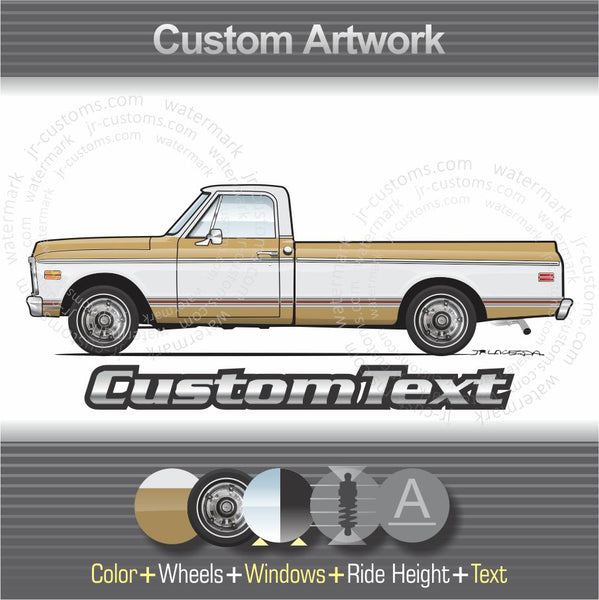 Custom 1969 1970 1971 1972 69 70 71 72 Chevrolet Chevy Fleetside Cheyenne CST C10 C20 C-10 K10 K20 K-10 20 Pickup Truck 4x4 short bed art for T-Shirt Hoodie Sticker Mug Long Sleeve Sweatshirt Crewneck tank Top Print Phone Case Pillow magnet