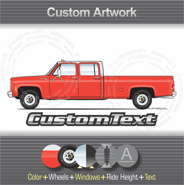 Custom 1973 1974 1975 1976 1977 1878 1979 1980 73 74 75 76 77 78 79 80 Chevrolet Chevy C30 Crew Cab 3+3 Scottsdale Cheyenne Silverado Dually Dolley Pickup Truck 4x4 Art for T-Shirt Hoodie Sticker Mug Long Sleeve Sweatshirt Crewneck tank Top Phone Case